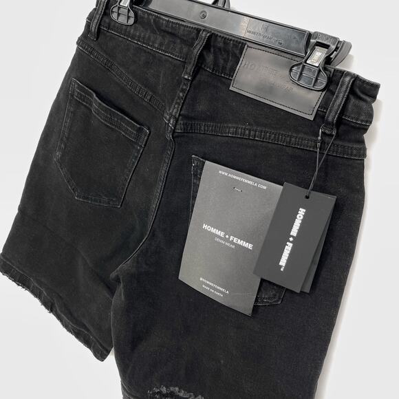 Homme + Femme NEW Distressed Flames Logo Jean Shorts Mens Sz 30 Black Stretch - Picture 5 of 8